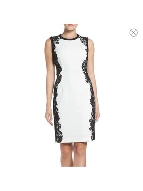 Tahari White Midi Sheath Dress with Black Lace Insets